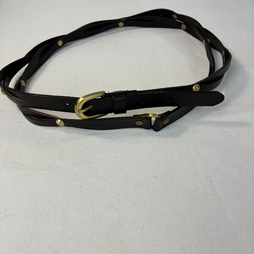 Elise M Studded Braided Leather Belt Women S/M Black Boho Western Skinny